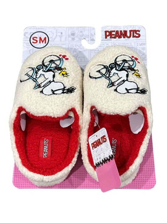 Peanuts Shoes - Peanuts Snoopy Women's Slippers Cupid Embroidery Cozy Fleece Red & White S/M